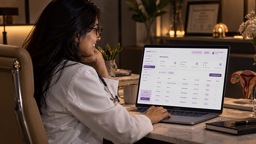 Doctor in a white coat smiling at the Saaro All Patients list on her laptop